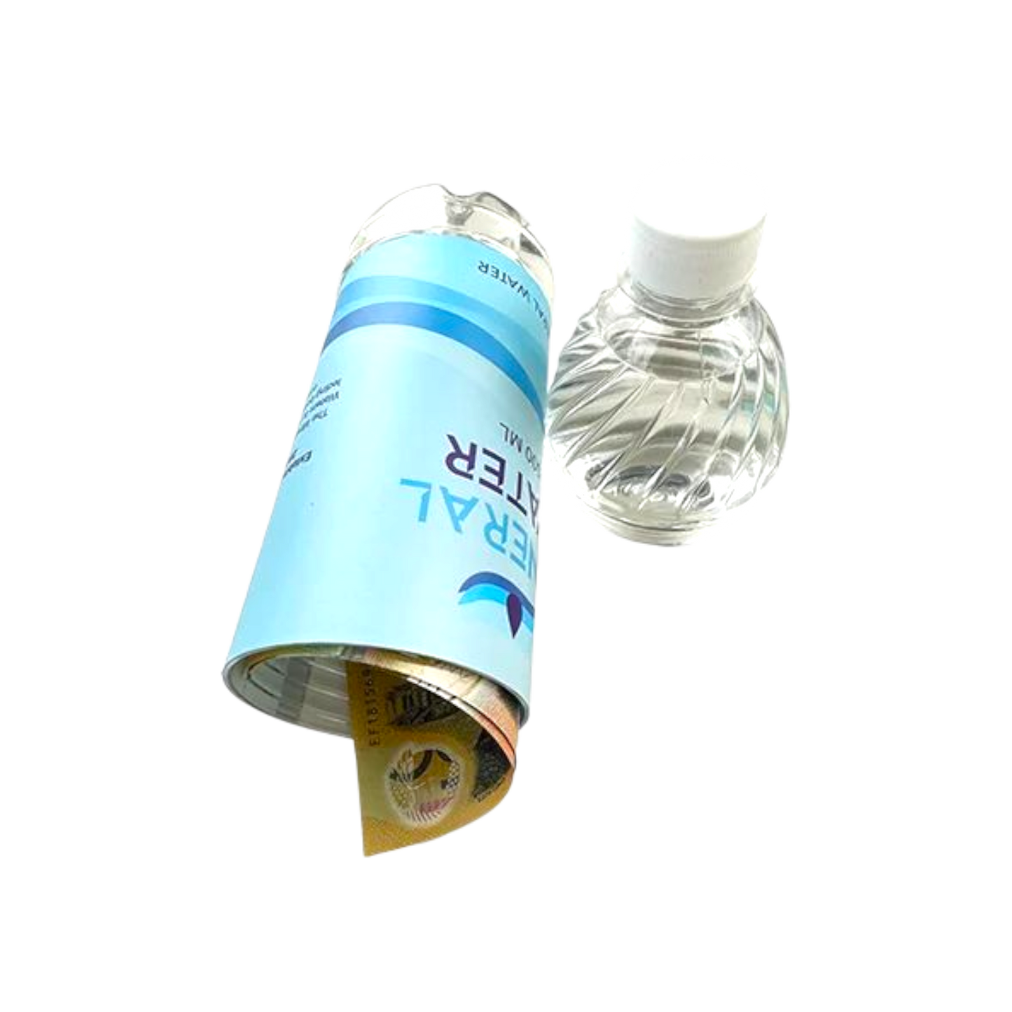 Water filter cartridge next to a clear water bottle on a white background