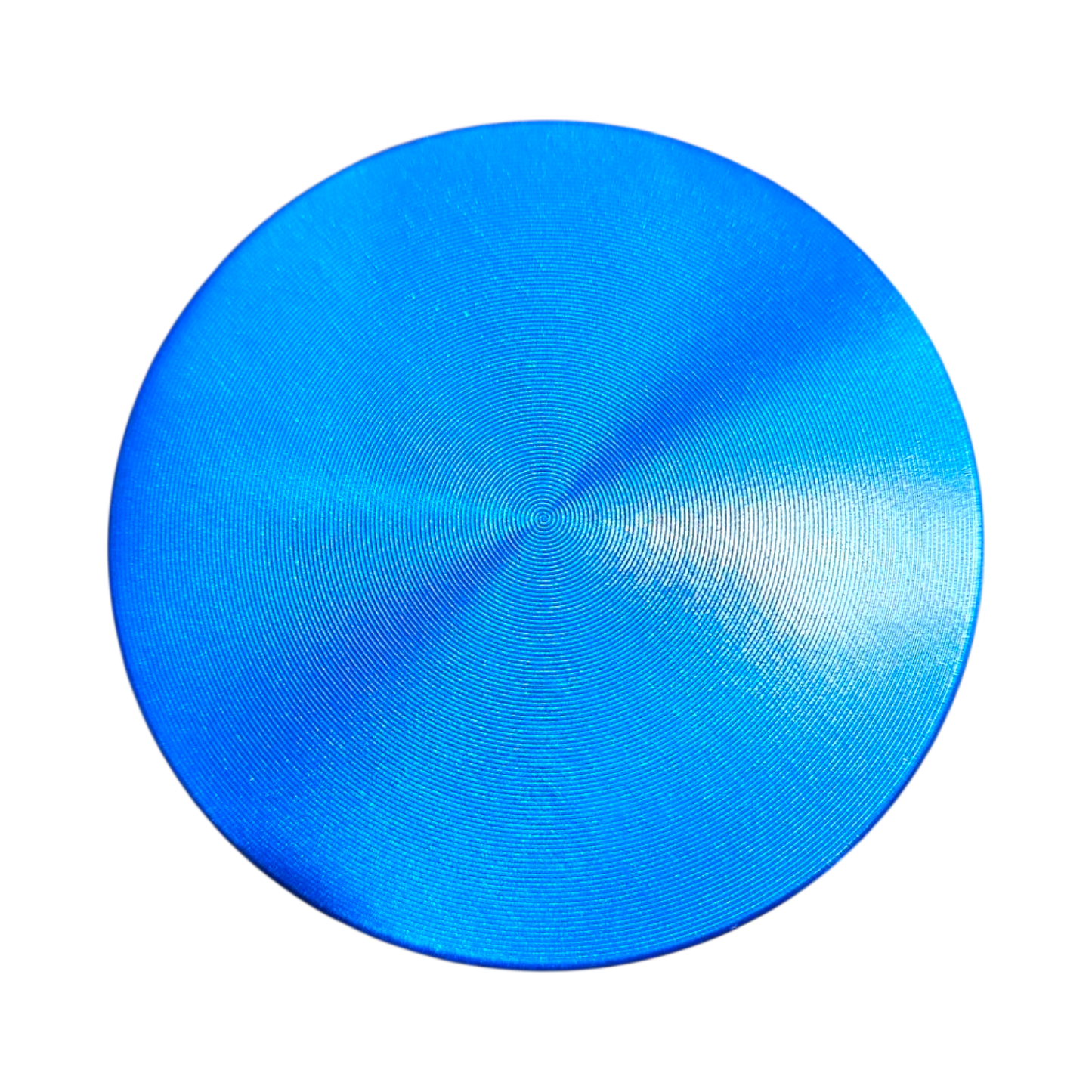 Blue circular object with a textured surface on a white background