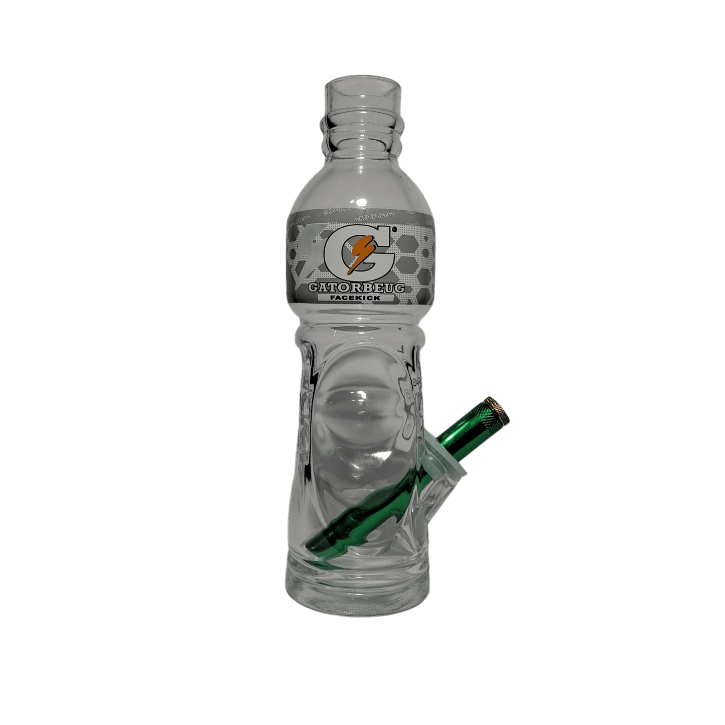Glass water bottle with green straw attachment featuring Gatorade logo on a white background
