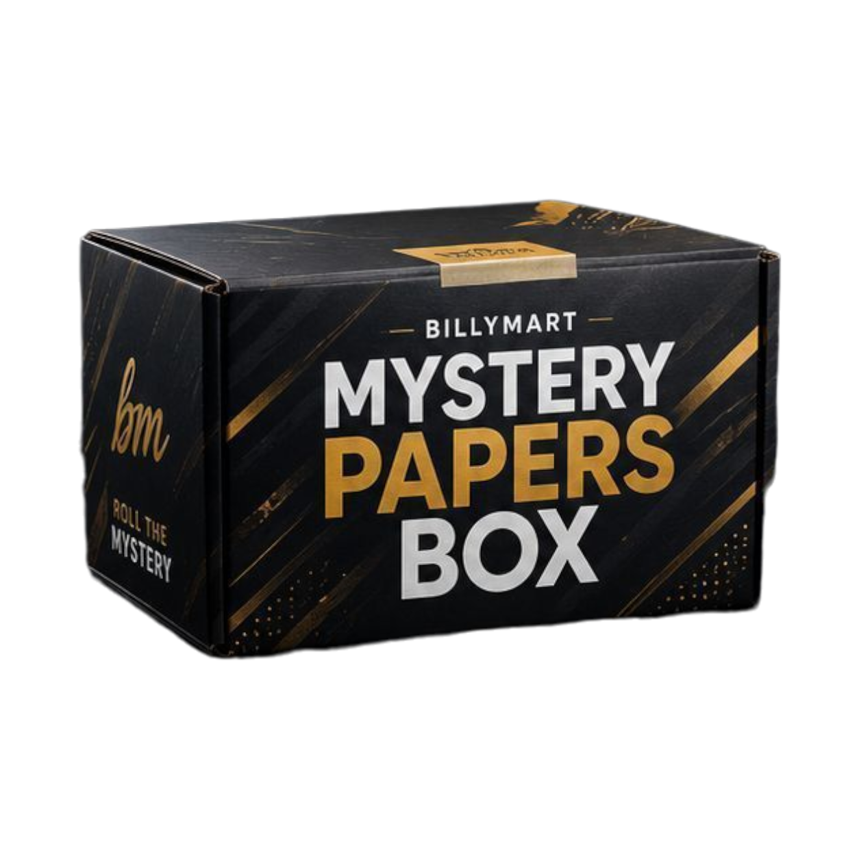 Black box labeled 'Billymart Mystery Papers Box' with gold accents on a white background