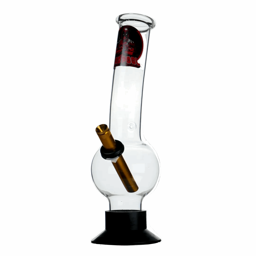Glass smoking device with a black base and red accent on a white background