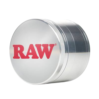 Silver grinder with 'RAW' logo on a white background