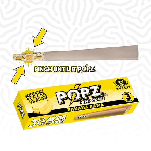 Box of Popz Hemp Cones with a banana flavor on a white background
