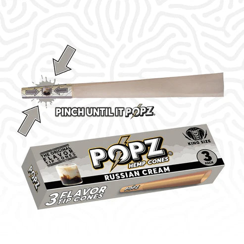 Box of Popz Hemp Cones with a sample cone on a white background