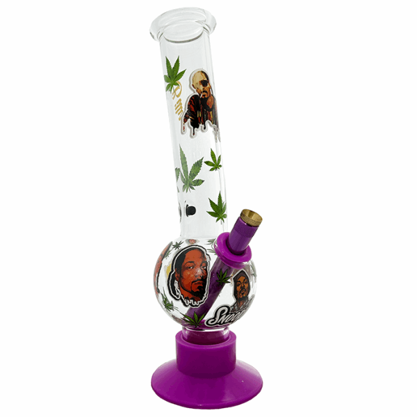 Glass smoking device with purple base and decorative elements on a white background