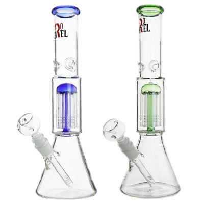 This image displays two 420 Cartel glass beakers, each featuring a distinctive tree perc design. The beakers are crafted with a clear glass body, complemented by colorful accents in blue and green on the tops and bases.