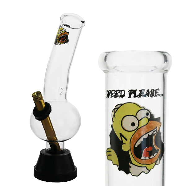 A clear glass bong with 'WEED Please' text and a cartoon character illustration.