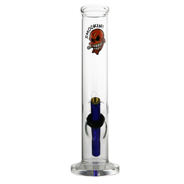 A clear glass straightening rod with a blue handle and a skull and crossbones logo near the top.