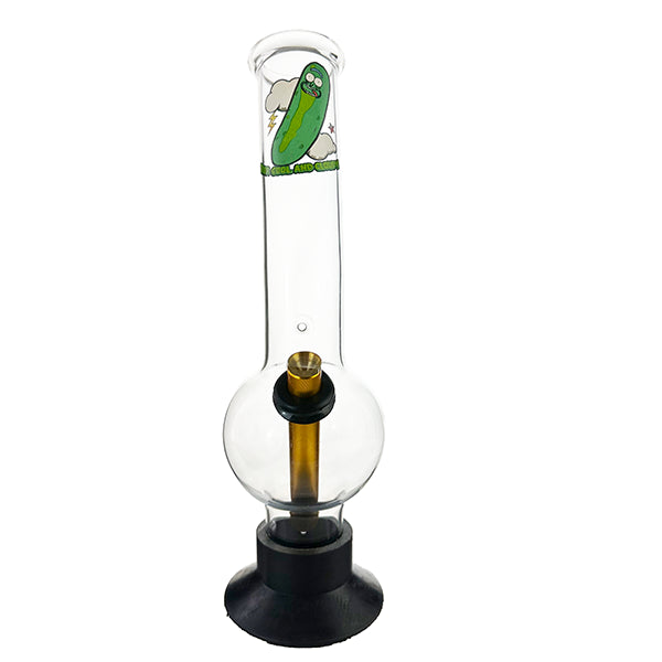 A clear glass bubble pipe with a black base and a gold-colored stem, featuring a pickle-shaped illustration near the top.