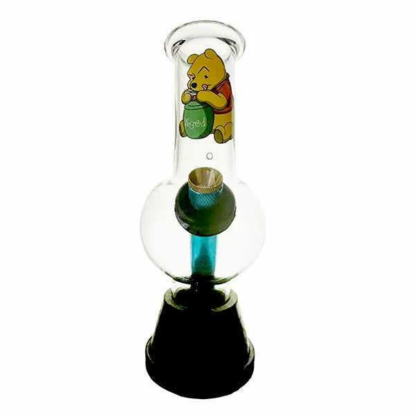 A clear bubble blowing toy featuring an illustration of Winnie the Pooh holding a bottle of honey.