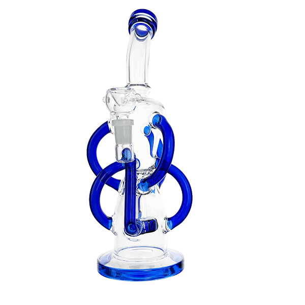 Glass water pipe with blue accents on a white background