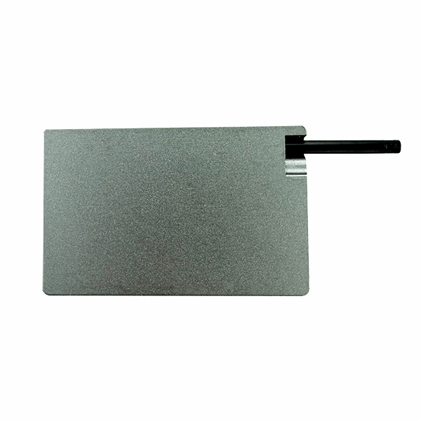 Rectangular metal tool with a handle on a white background