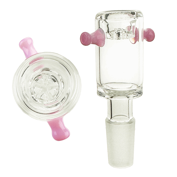 Clear glass smoking accessory with pink accents on a white background