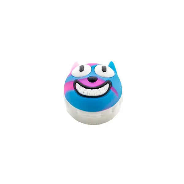 A multicolored silicone stash container with a smiling face and stripes, resembling a cat.