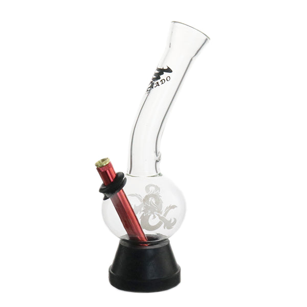 A clear glass bong with a red dragon design, featuring a glow-in-the-dark effect and a black base.