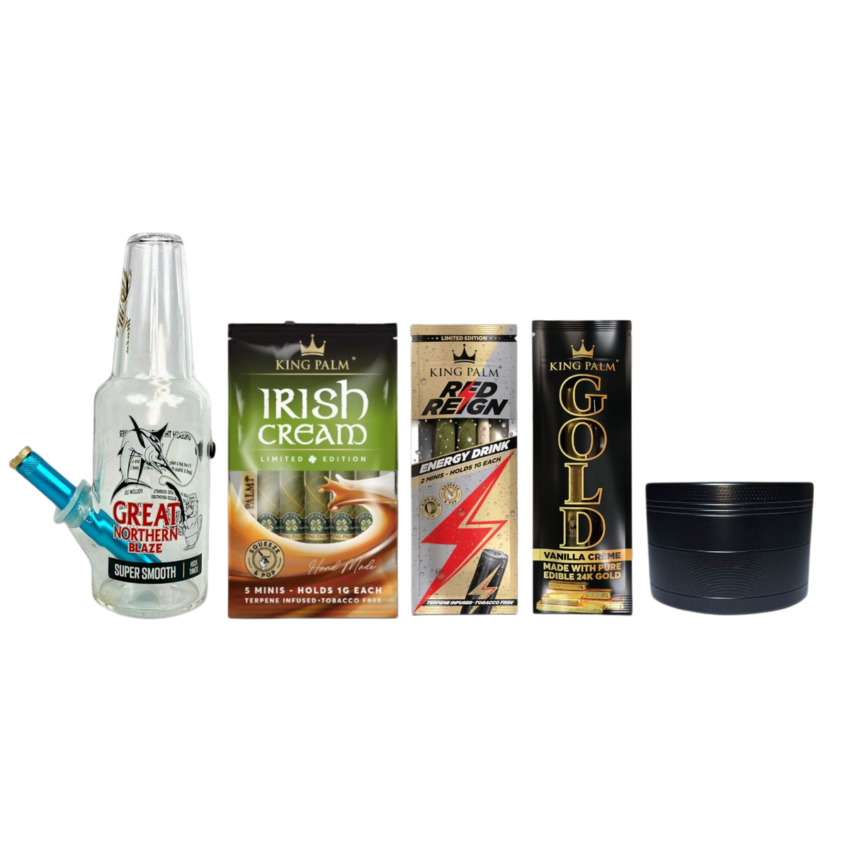 Great Northern Bundle: 23cm Great Northern bong, BILLYMART 4 piece grinder and King Palm minis