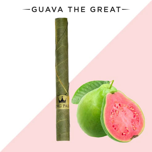 Product with guava and leaf packaging on a pink and white background