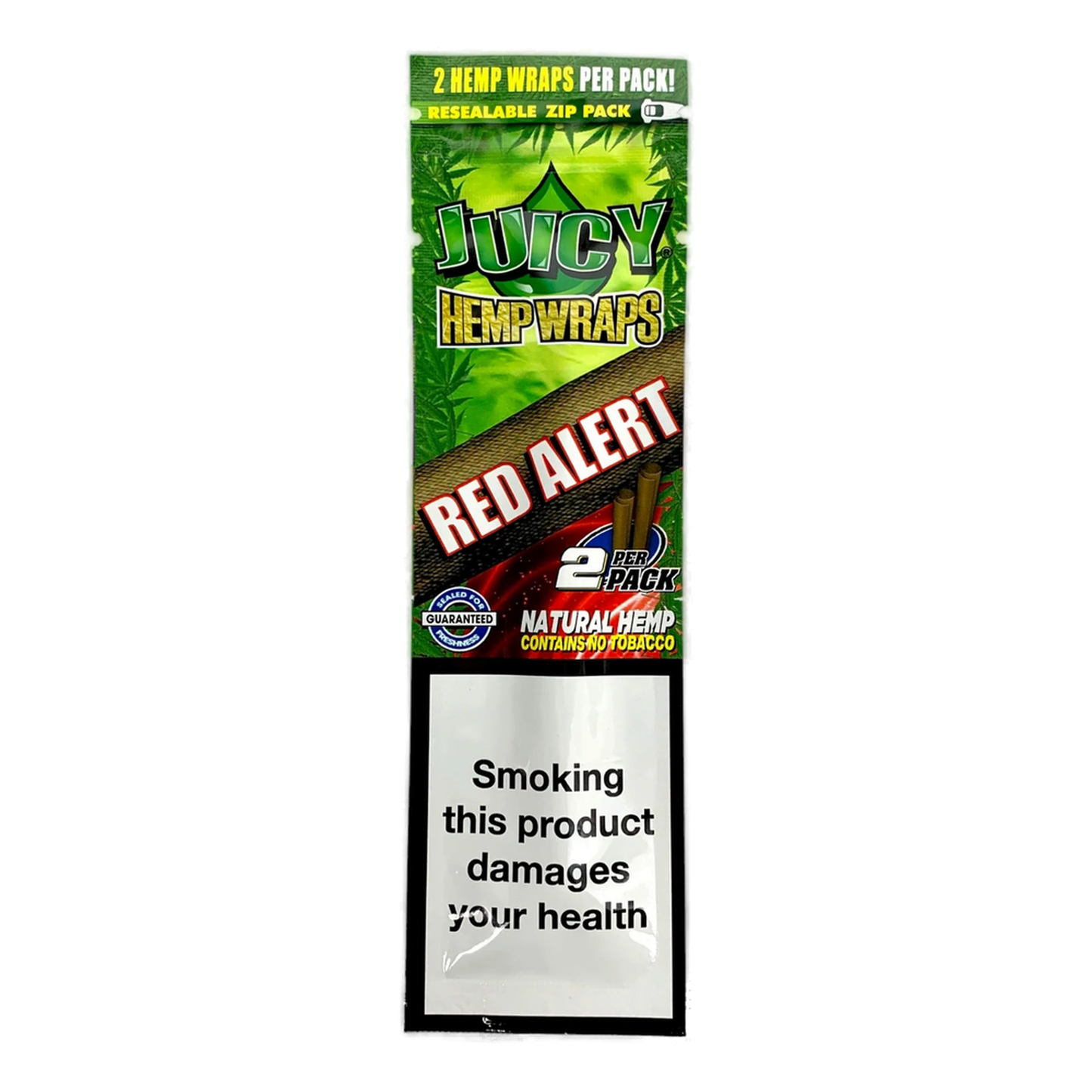 Packaging for JUICY JAY Hemp Wraps, with the flavor indicated as Red Alert and a warning label stating 'This product damages your health'. The pack is for 20 cigarettes, with 2 packs inside.