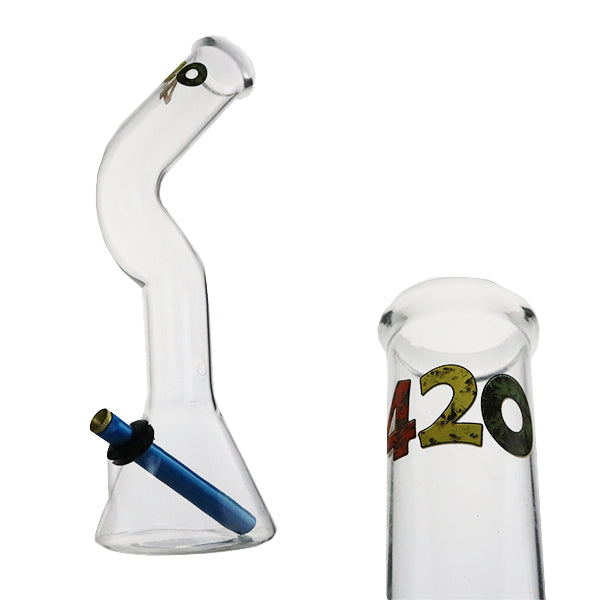 This image features the LAZY BEAKER Rasta 420, a 30cm glass piece prominently displaying a "420" design, symbolizing cannabis. The glass has a sleek, transparent appearance with a twisted shape and a blue accent on the handle, which also includes a small metal hook.