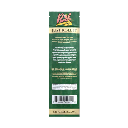 Green package of King Palm Peach Pineapple filter tips with branding and product details.