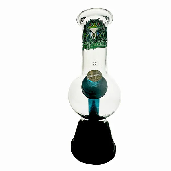 A clear glass bong with a blue rim and a frog design on the bowl.
