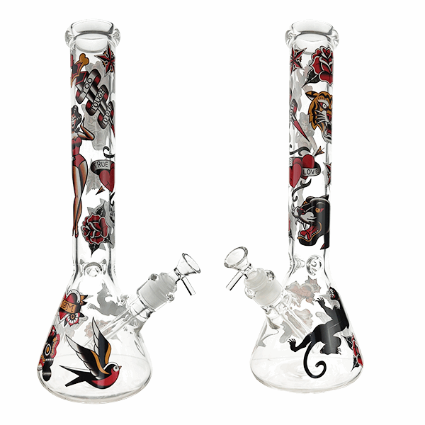 Glass bong with tattoo-style designs on a white background