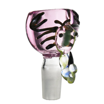 A glass piece with a scorpion design, featuring a pink base and transitioning to a clear handle with green accents.
