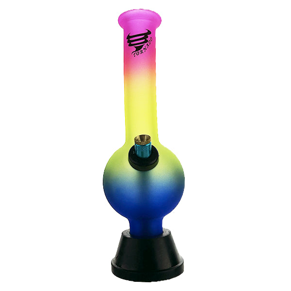 A multicolored, rainbow-striped bong with a glossy finish and a logo on the top.