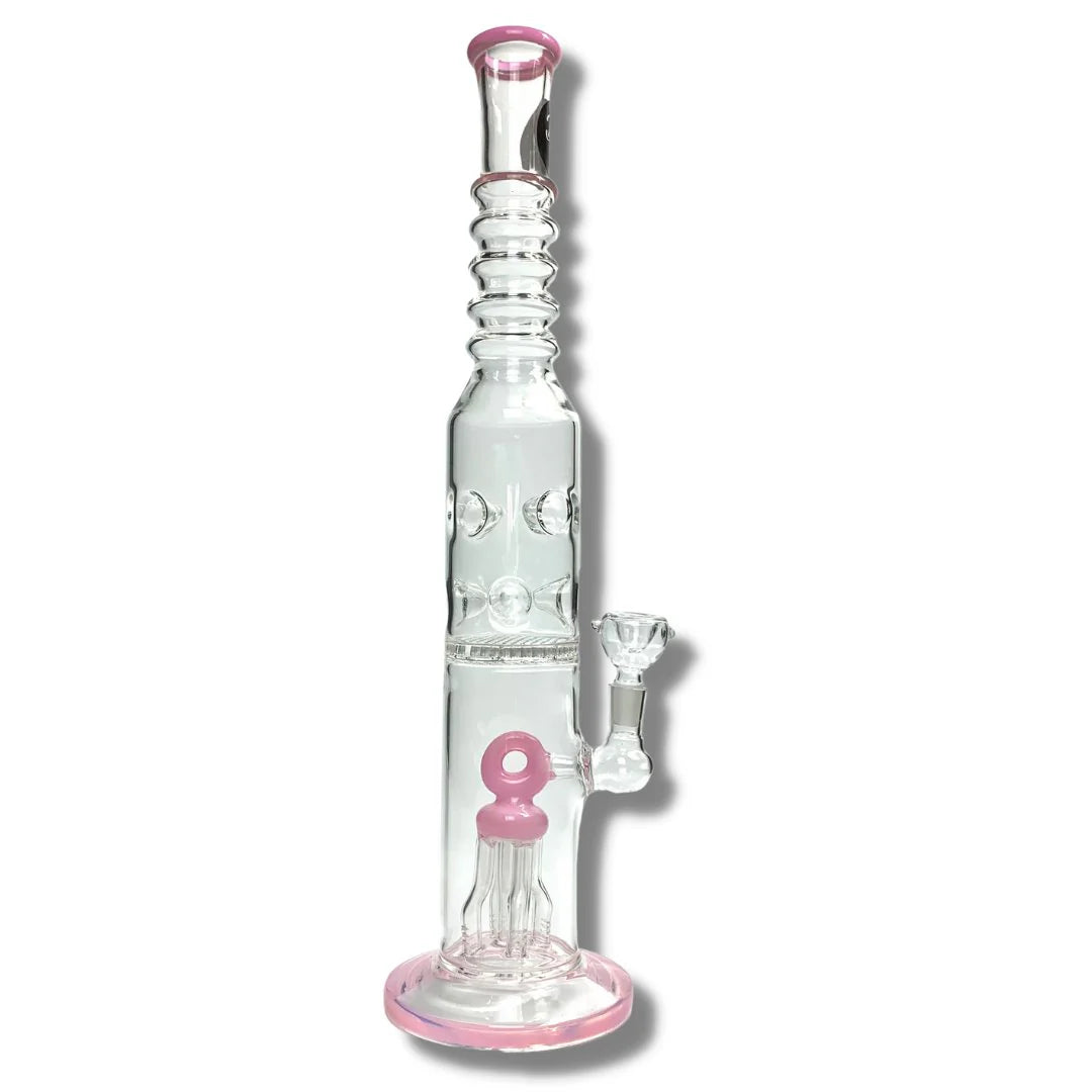 A large clear glass bong with a percolator and pink accents on the base and top.