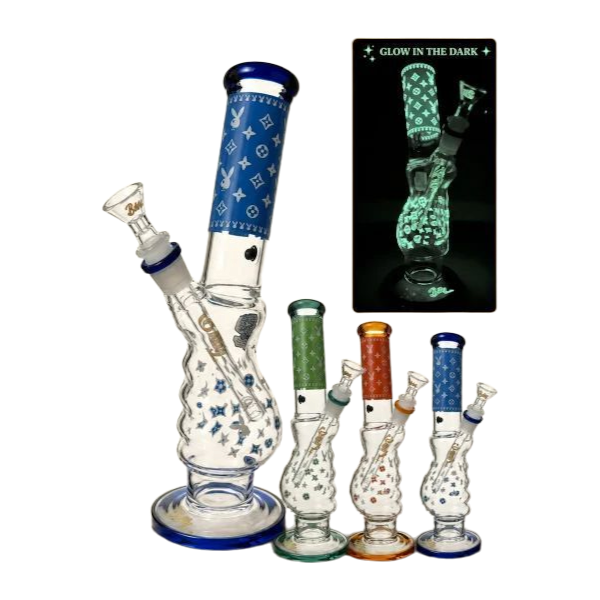 BILLYMATE LV Bunny Style Glow Gripper Bong 30cm — glow-in-the-dark glass gripper bong with LV Bunny artwork, random colours