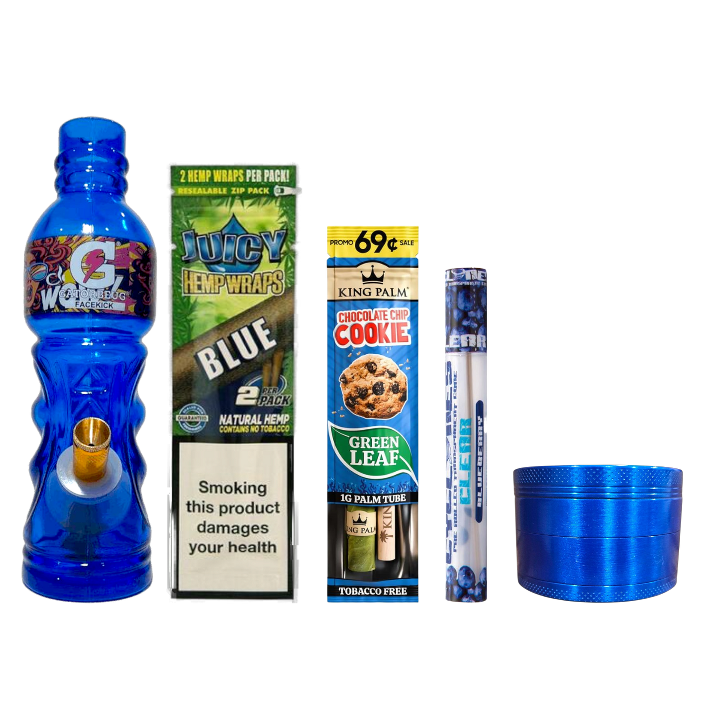 Blue Gato & Grinder Bundle featuring a 23cm blue glass bong, Juicy Jay hemp wraps, King Palm mini cookie wrap, Cyclones blueberry papers, and Billymart 4-piece grinder