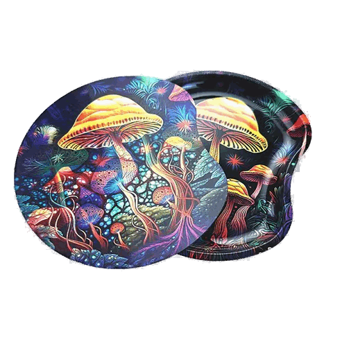 This image displays a small, colorful mushroom rolling tray with a lid. The tray features a vibrant and intricate design of mushrooms and foliage in vivid shades of blue, pink, yellow, and green, creating a visually appealing and vibrant look.