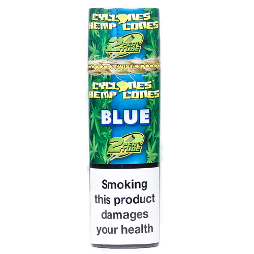 A pack of CYCLONES Pre-Rolled Hemp Blunts Blue, with branding and text on the packaging.