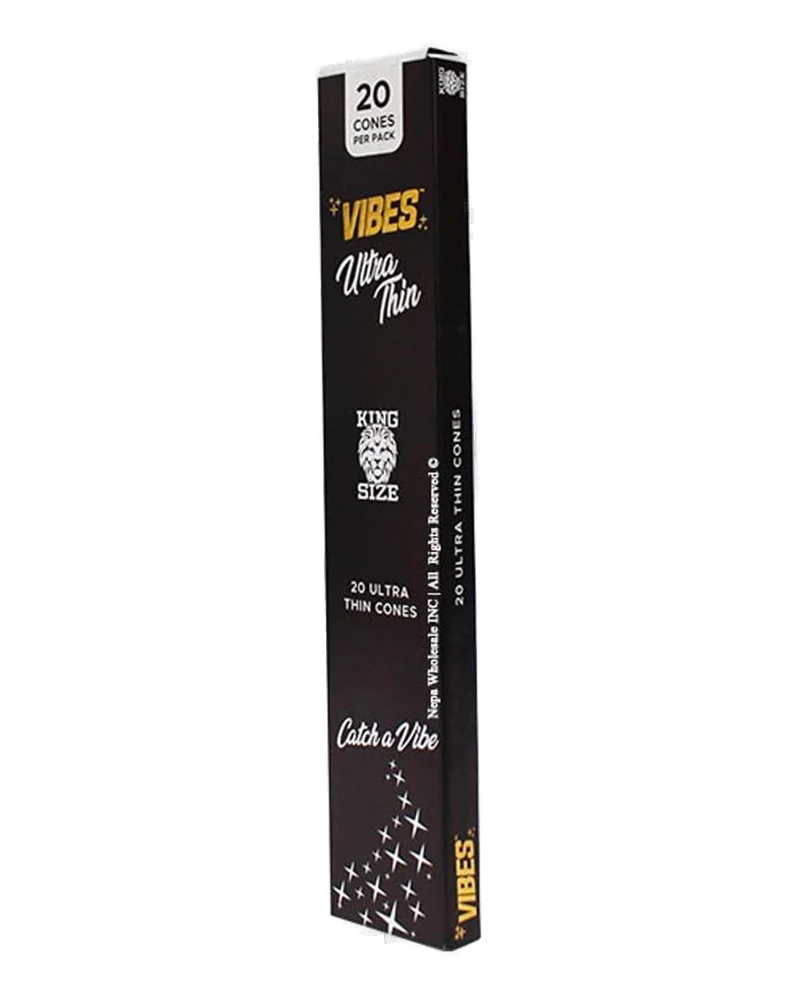 Packaging for VIBES Ultra Thin Pre Rolls, 20pk. The pack is predominantly black with 'VIBES' branding and text, and features images of a lighter and rolling paper money.