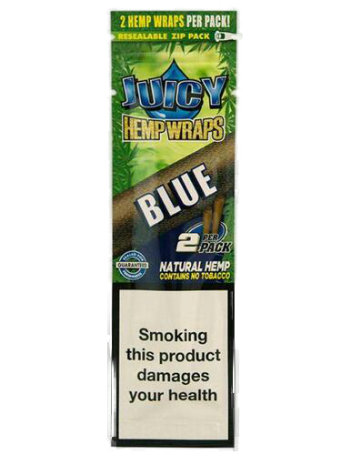 Packaging of JUICY JAY Hemp Wrap Blue with text indicating it contains 2 hemp wraps per pack and a warning about the health effects of smoking.