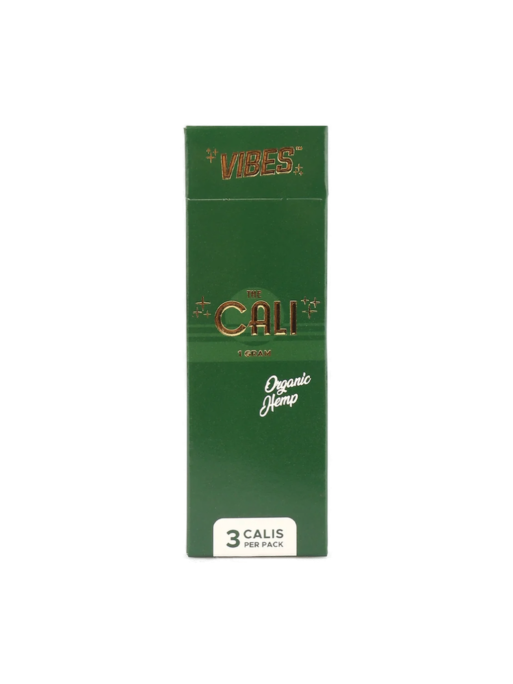 A pack of VIBES Cali Organic Hemp Pre-Rolls with green packaging.