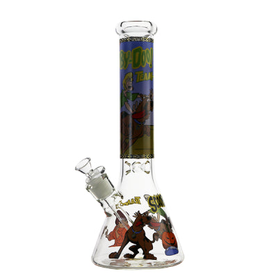 This image displays a playful and themed water pipe featuring characters from the Scooby-Doo series. The 35cm tall beaker-style pipe has a vibrant and colorful print of Scooby-Doo, Shaggy, and Wilma appearing scared or surprised by a ghostly figure.