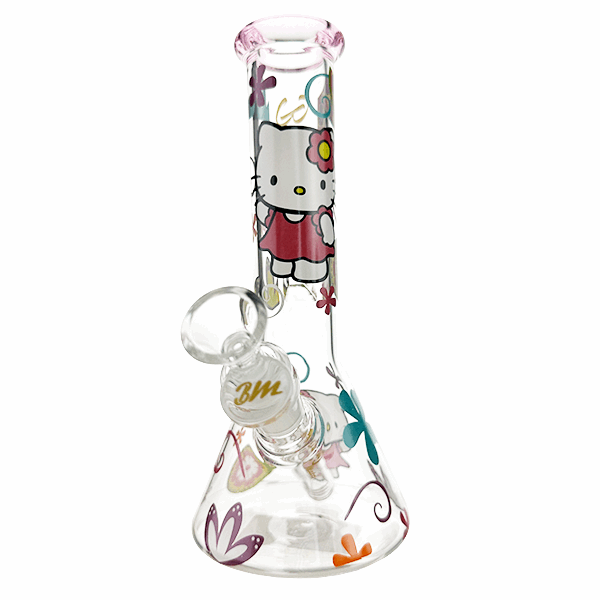 Glass perfume bottle with Hello Kitty design on a white background