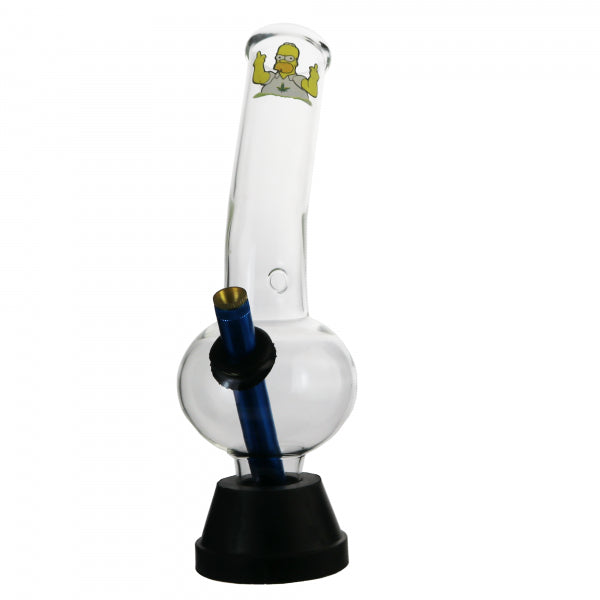 A clear glass bong with a blue tube, featuring an illustration of Homer Simpson flipping the bird on the side.