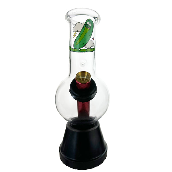 A clear glass bubble pipe with a pickle illustration, featuring a narrow top, a wide base, and a red and black mouthpiece.