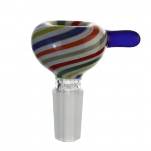 A multicolored striped glass cone piece for smoking, with a blue tip and base.