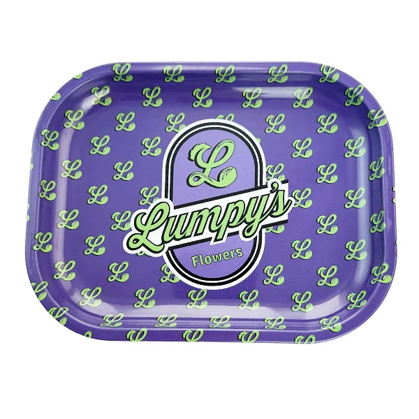 Purple tray with 'Lumpy's Flowers' logo and green patterns on a white background