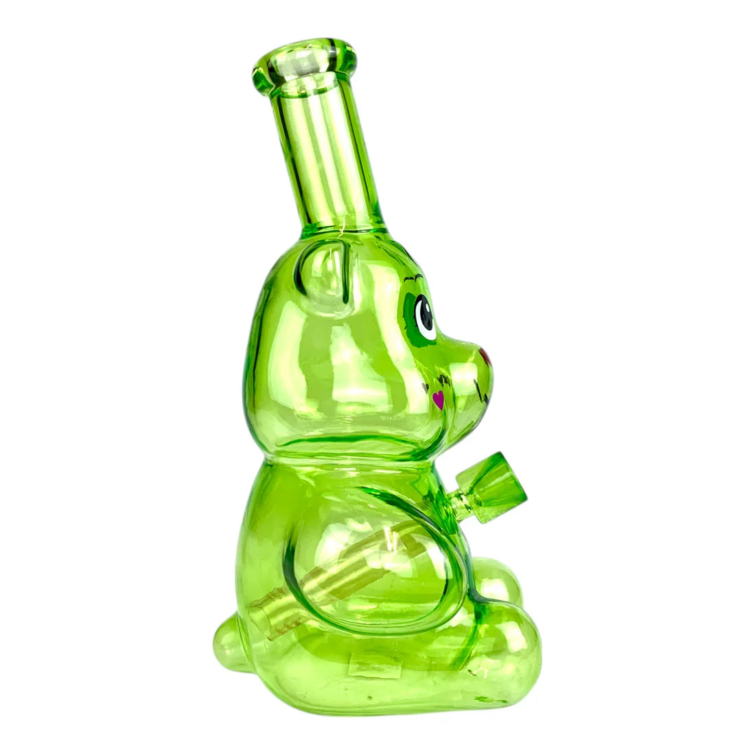 Green glass bunny-shaped water pipe on a white background