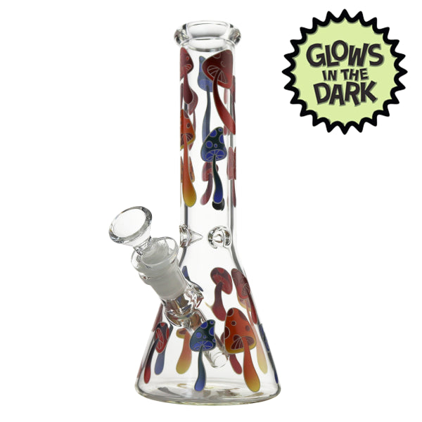 A multicolored glow-in-the-dark smoking pipe with a glass body and metal accents.