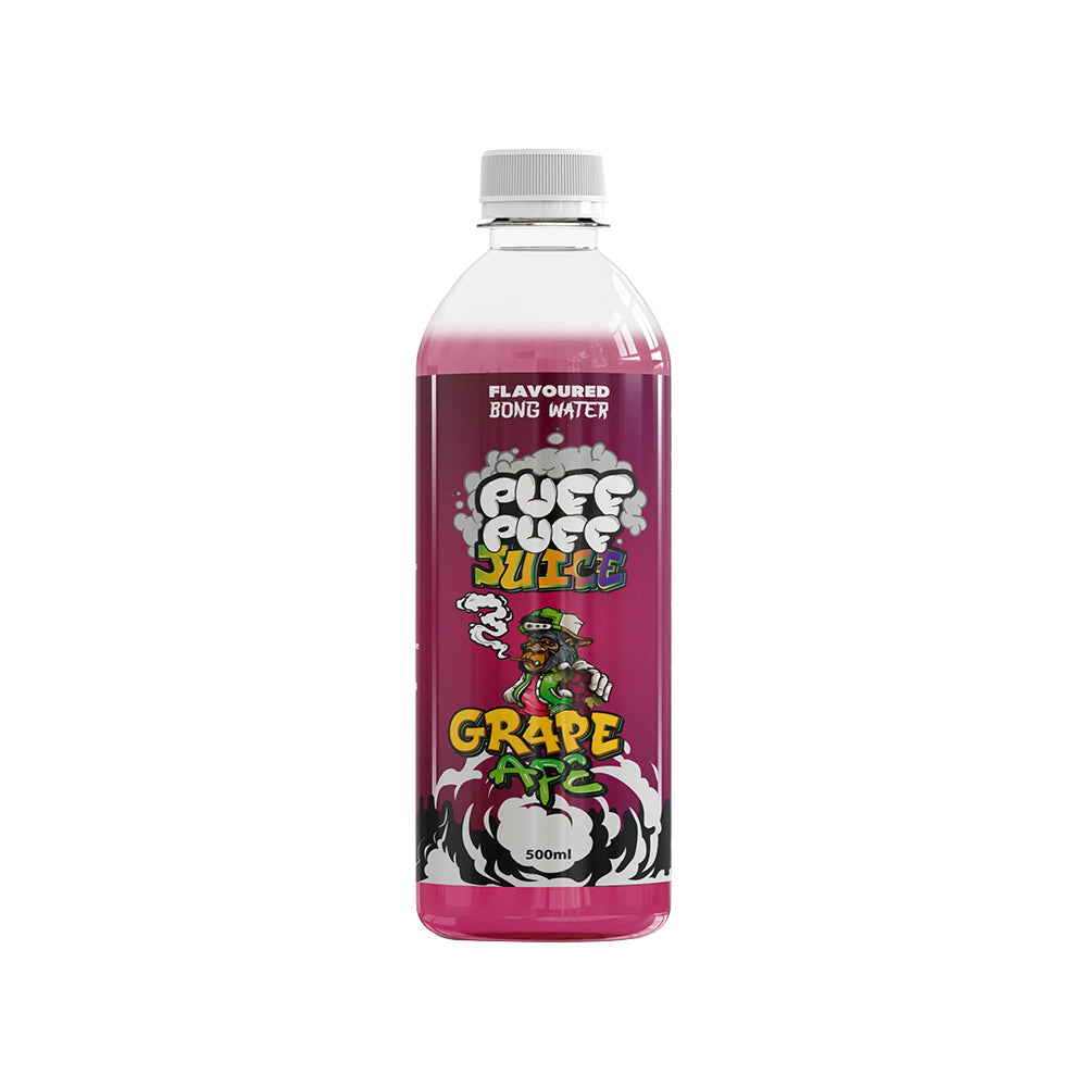 A bottle of PUFF PUFF Juice Grape Ape, which is a flavored vaping juice with a pink label and grape graphics.