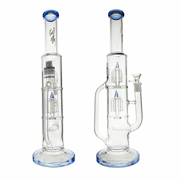 Two glass water pipes with blue accents on a white background