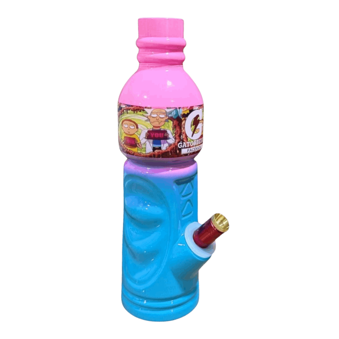 Pink and blue bottle with a hose attachment on a white background