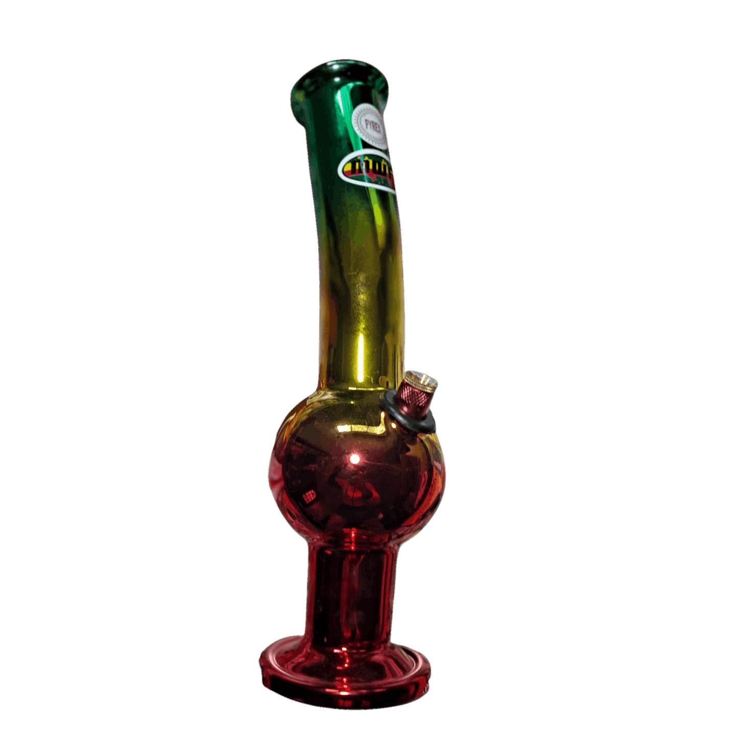 This image displays the MWP Rainbow Bubble, a striking 25cm tall bong known for its vibrant, rainbow-colored glass. The bong features a sturdy base for stability and a bulbous upper part for efficient filtration.