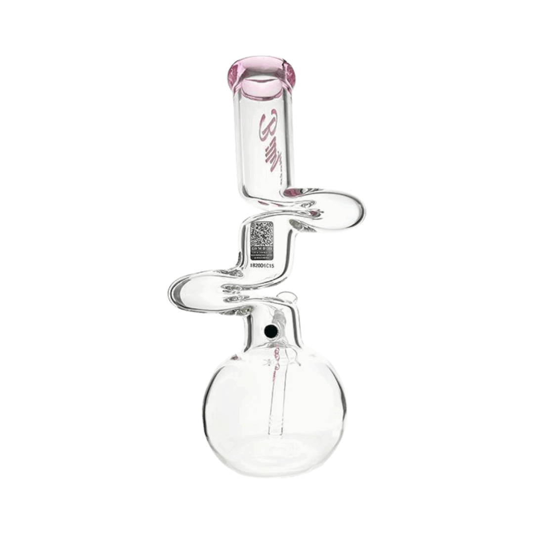 Clear glass water pipe with pink accent on a white background