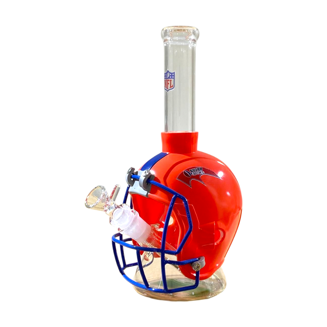 Glass smoking device shaped like a football helmet with NFL logo on a white background